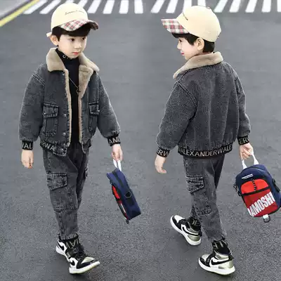 Korean fashion suit children's winter boy plus velvet medium child Korean denim jacket jeans two-piece tide