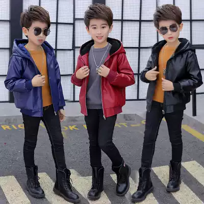 Korean boy plus velvet leather jacket 2021 new children's leather jacket children hooded plus velvet padded coat