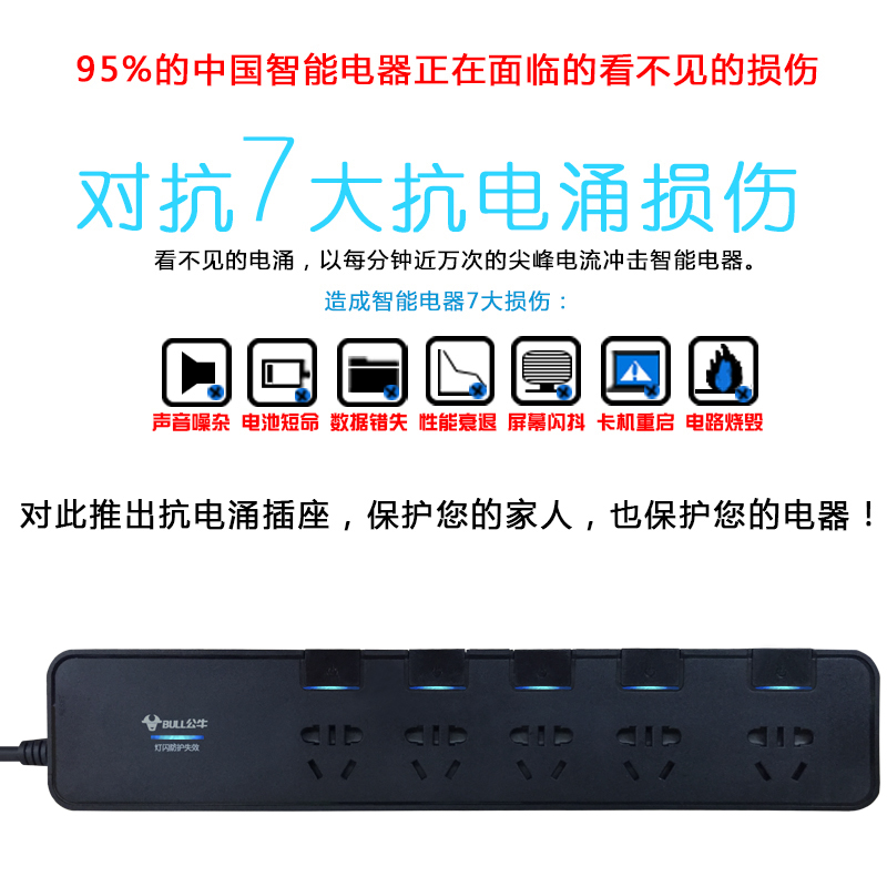 Bull GN-H3053 anti-surge socket lightning plug independent switch overload protection extension cord 5 holes 3 m