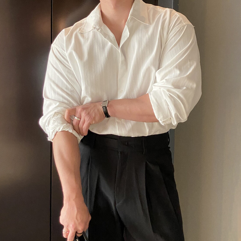 Primas White Textured Long-Sleeved Shirt for Men, Spring Vintage Mature Style Top, Muscle Vertical Stripe Shirt Primas White Textured Long-Sleeved Shirt for Men, Spring Vintage Mature Style Top, Muscle Vertical Stripe Shirt