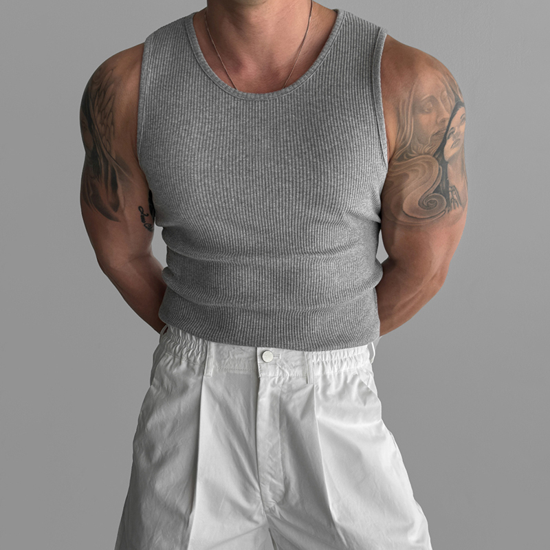 Primas Gray Tight-Fitting Ribbed Stretch Tank Top for Men, Summer American Style Base Layer, Tough Guy Fitness Sleeveless Vest T-Shirt