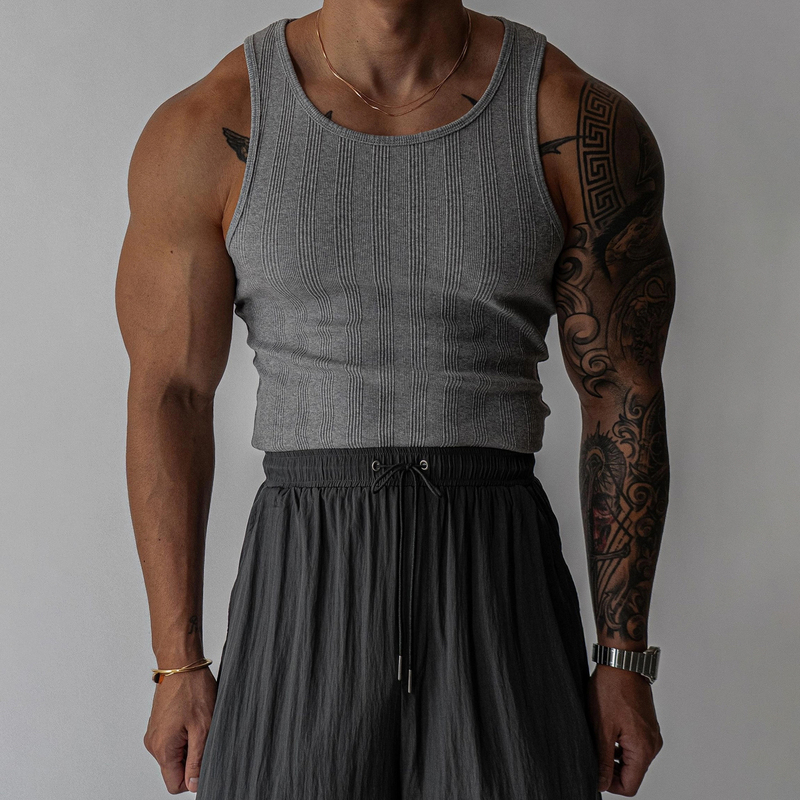 Primas American-Style Textured Tank Top for Men, Summer Vertical Striped Crew Neck, Stretchy Slim-Fit T-Shirt That Accentuates Muscles