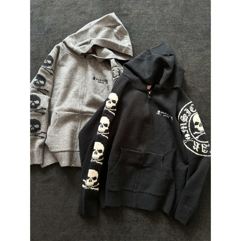 Trendy American Street Gothic Style Skull Design Cardigan Hooded Sweater Unisex Loose Knitwear Jacket