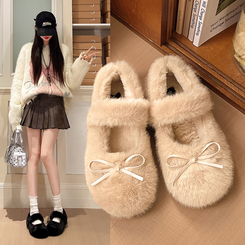 French Isnas Korean-Style Plush Bow Mules, Flat Round-Toe Versatile Warm Furry Shoes for Outdoor Wear French Isnas Korean-Style Plush Bow Mules, Flat Round-Toe Versatile Warm Furry Shoes for Outdoor Wear