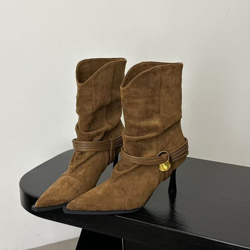 French Autumn and Winter High-Heeled Pointed Pleated Suede Boots with Metal Buckle Straps, Slip-On Fashion Women's Short Boots French Autumn and Winter High-Heeled Pointed Pleated Suede Boots with Metal Buckle Straps, Slip-On Fashion Women's Short Boots