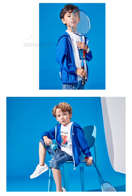 Áo khoác trẻ em Ai Aiwu 2020 Spring / Summer New Boys Big Kids Blue Casual Knit Hoodie Jacket KJSC01 - Áo khoác