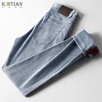 2021 new high-end brand-name leather summer thin washed straight slim stretch light blue jeans men