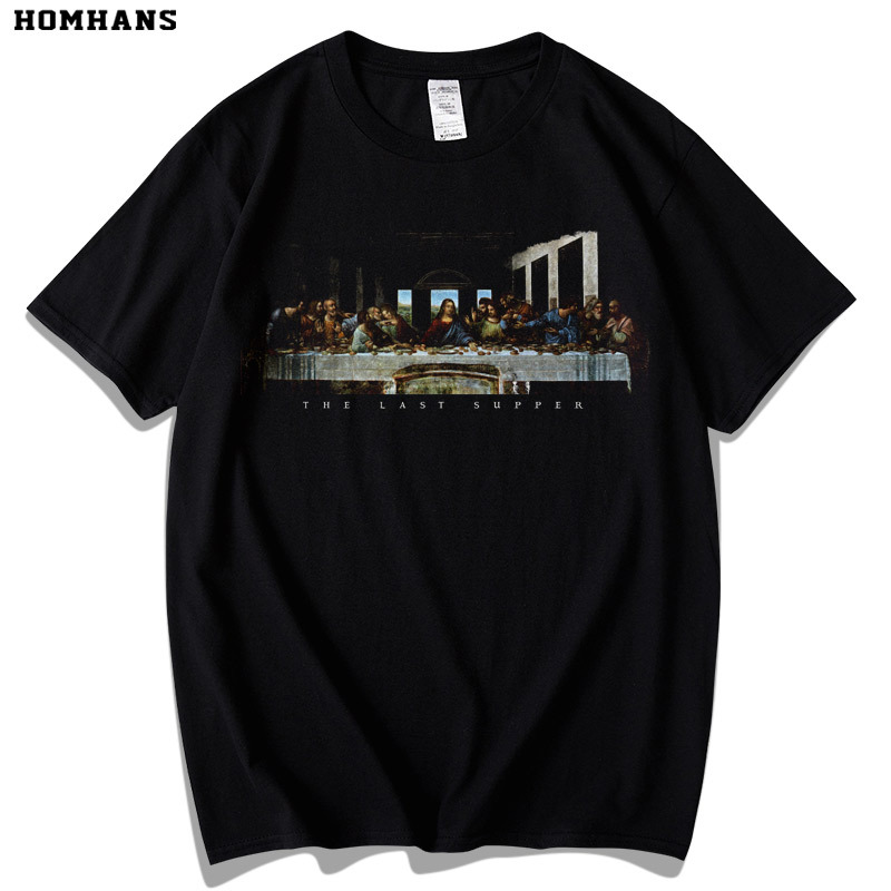 Red Korean Oil Painting the Last Supper Short-Sleeved Retro Summer Pure Cotton T-Shirt Unisex Bf Street Fashion Brand Loose Fit