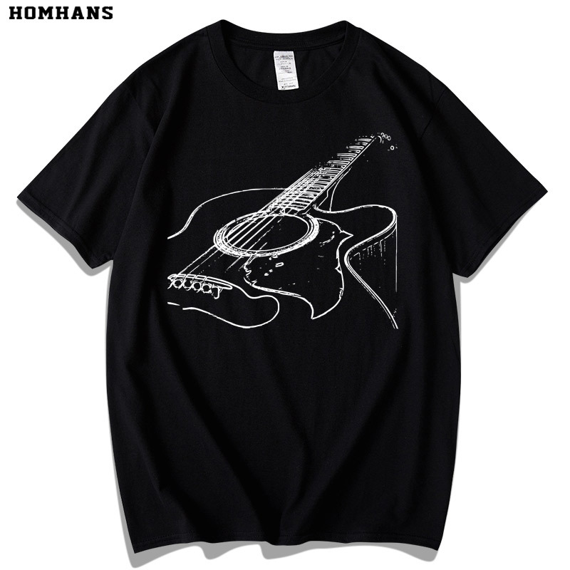 Guitar Line Print Short-Sleeve Heavyweight Pure Cotton Personalized Simple Music Merchandise T-Shirt European Style Unisex Loose Fit Plus Size