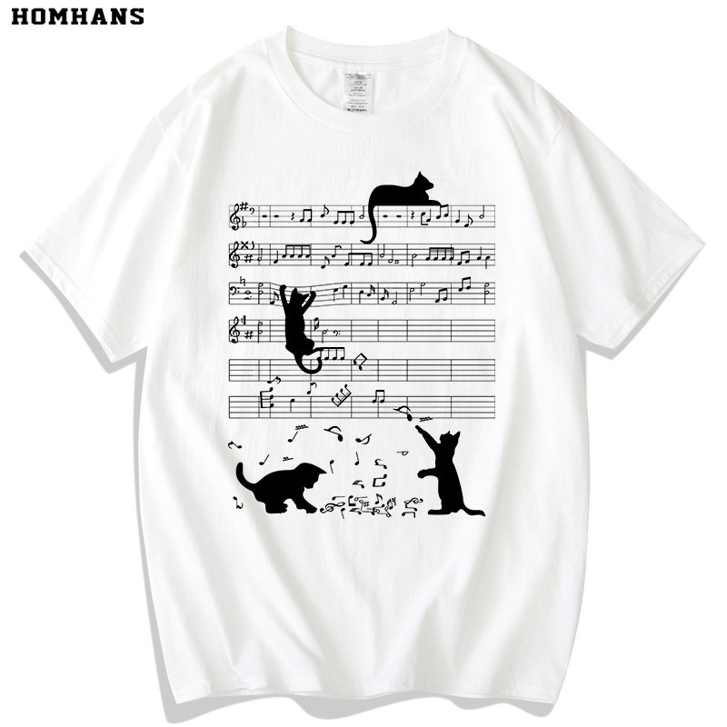 Fun Musical Score Cat Print Short-Sleeve Creative Staff Notation Music Merchandise Trendy Unisex T-Shirt Loose Fit Plus Size Cotton