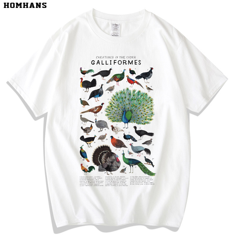 Animal World Illustrated Print Short Sleeve Heavyweight Cotton T-Shirt Birds Galliniformes Peacock Science Popularization Unisex Loose Fit