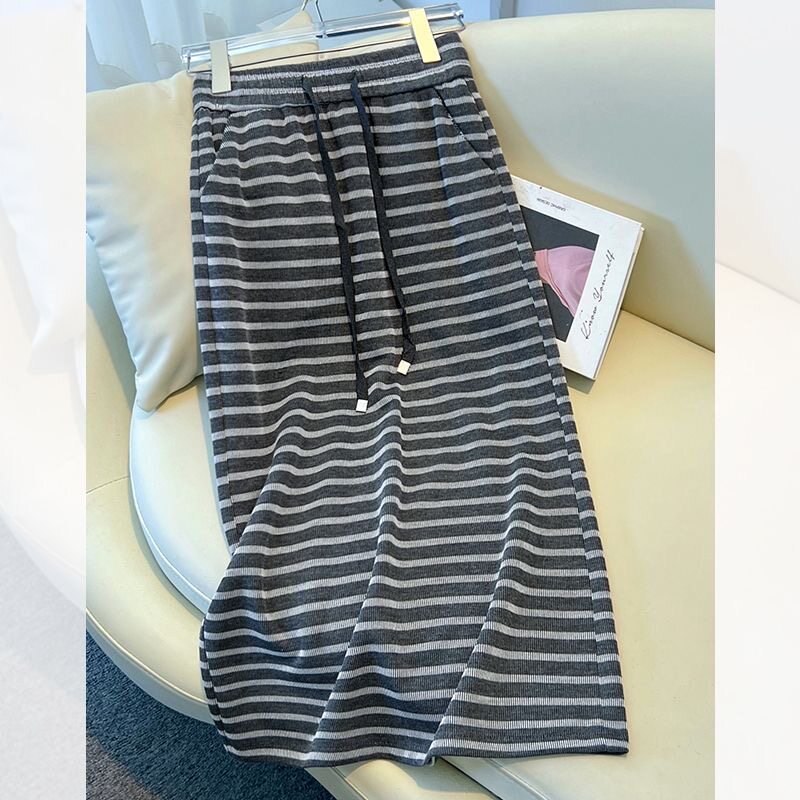 春秋向け高密度細織りストライプ柄ミディスカート（レディース）、新スタイル、ハイウエスト、スリット入り、Aラインスカート、プラスサイズ、ボディコンスカート