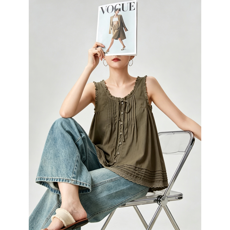 Retro Dark Green Lace Lace-Up Sleeveless Vest Sleeveless Shirt Women's 2026 Holiday Style Summer New Style