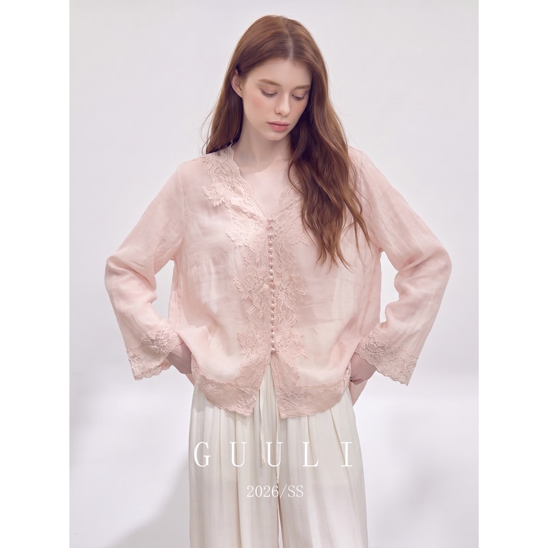 Pink Lace V-Neck Long-Sleeved Sun Protection Shirt for Women 2026 New Style Work Clothing Chic and Beautiful Blouse Pink Lace V-Neck Long-Sleeved Sun Protection Shirt for Women 2026 New Style Work Clothing Chic and Beautiful Blouse