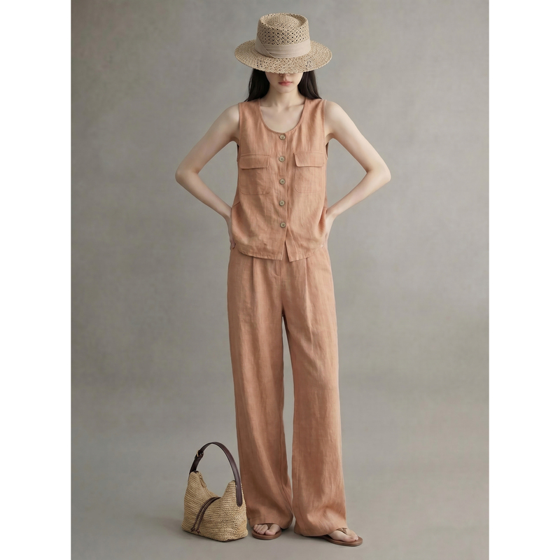 Light Orange Sleeveless Vest and Wide-Leg Pants Linen 2026 Super Popular Summer Outfit, a Complete Set, Very Beautiful and Stylish Two-Piece Suit Light Orange Sleeveless Vest and Wide-Leg Pants Linen 2026 Super Popular Summer Outfit, a Complete Set, Very Beautiful and Stylish Two-Piece Suit