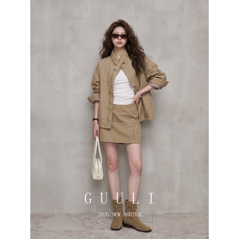 Korean-Style Khaki Workwear Jacket, Short Coat, A-Line Skirt Set, Old Money Style, Minimalist Intellectual Outfit, Complete Autumn Set Korean-Style Khaki Workwear Jacket, Short Coat, A-Line Skirt Set, Old Money Style, Minimalist Intellectual Outfit, Complete Autumn Set