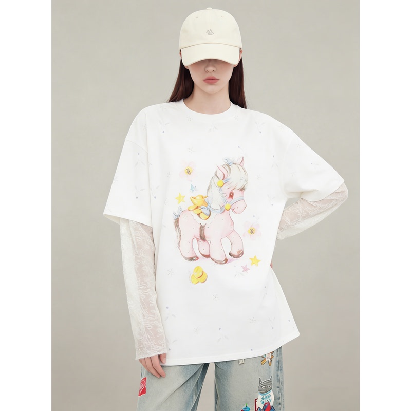 Pink Pony Print Faux Two-Piece Lace Long-Sleeve T-Shirt for Women, Unique and Beautiful Early Summer New Top