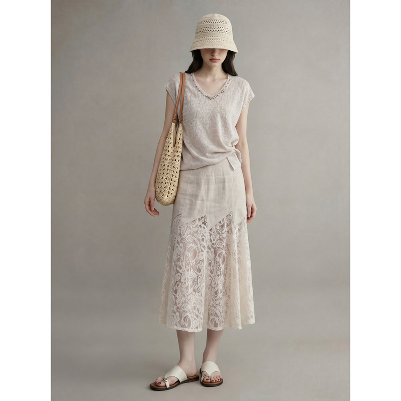 Vacation Style Linen Knit Top and Lace Skirt Set, Old Money Style Women's Clothing, Super Pretty and Relaxed Summer Outfit