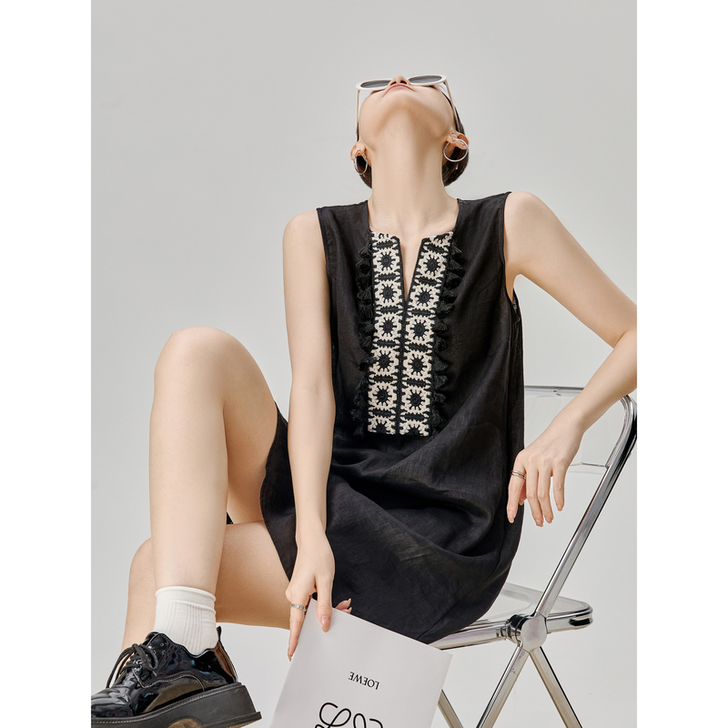 2026 Super Popular, Extremely Cool French-Style Black Crochet Linen Sleeveless Dress for Women, Very Beautiful Summer Dress