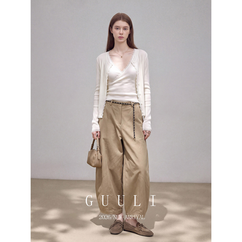 Korean-Style Loose White Lace Long-Sleeve Knit Cardigan with Khaki Pants Autumn Set for Women 2026 New Model