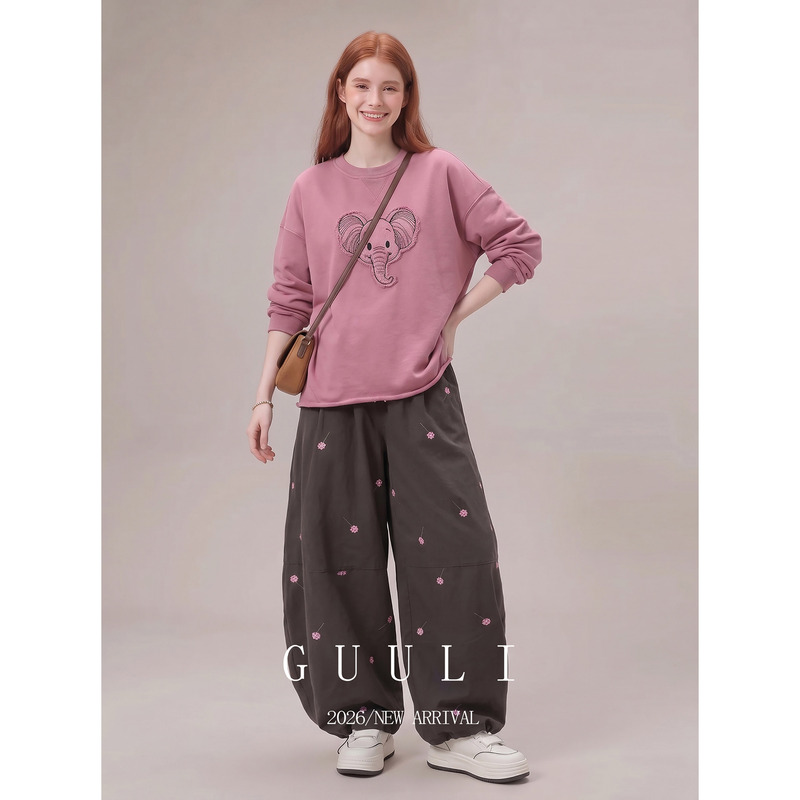 Korean-Style Pink Cute Elephant Long-Sleeve Sweatshirt and Floral Wide-Leg Pants Two-Piece Set 2026 Autumn Outfit Complete Set