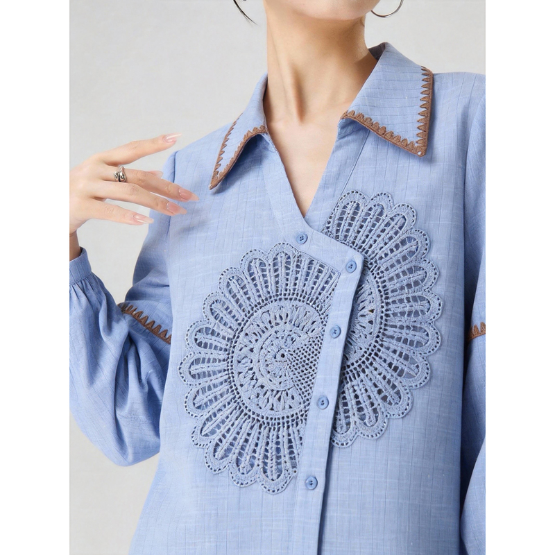 Bohemian Style Hollow Lace Embroidered Blue Shirt for Women, New Spring Style, Unique, Beautiful and Stunning Top
