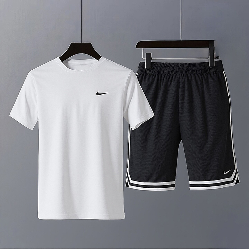 Nike Men's Summer Sports Suit White Short-Sleeved T-Shirt Shorts Round Neck Breathable Fitness Clothing Running