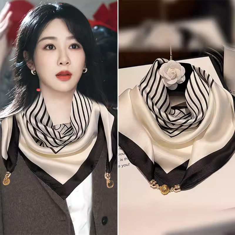 <!--黑白条纹小方巾丝巾女头巾春秋搭配衬衫职业装饰护颈围脖子薄围巾-->