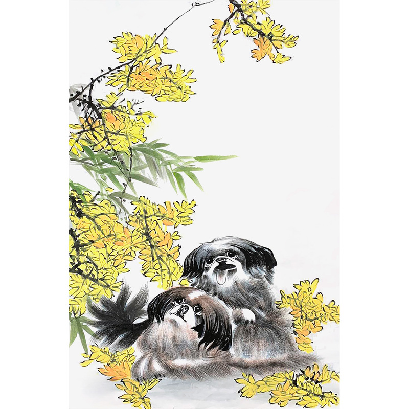 Dog Hanging Paintings, Hand-Painted Zodiac Dog Paintings, Handmade Paintings of Two Dogs, Golden Abundance Painting, Spring Festival Flower Painting