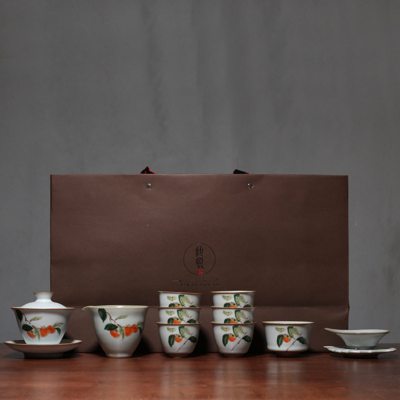 Craftsman tea set Ru kiln open film everything is like kung fu tea set home office Persimmon teapot tea cup gift box