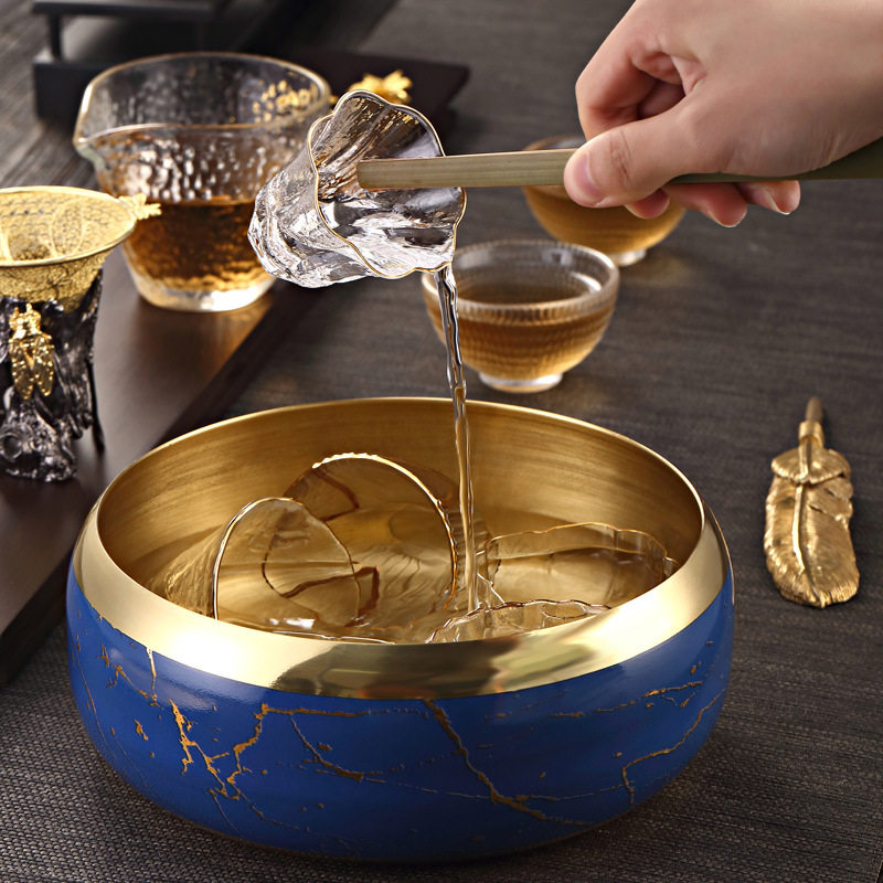 Home big number pure copper tea washing cup washing water pelvis construction water tea residue barrel light lavish tea waste water cylinder dry tea tray tea table-Taobao