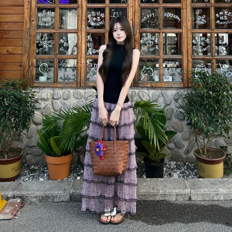 Tweed Style Purple Draped Gauze Skirt, Women's Summer 2026 New Style, Super Popular Long Skirt, Puffy Cake Skirt
