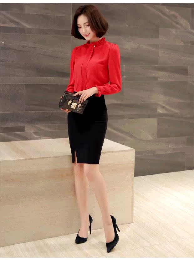Mùa xuân 2017 thu đông mới của phụ nữ áo sơ mi nữ phiên bản Hàn Quốc của áo sơ mi ren mỏng giảm béo áo thun dài tay đứng cổ áo sơ mi voan áo sơ mi nữ sọc