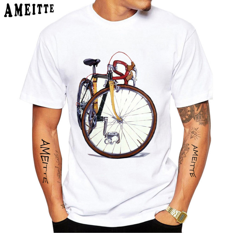 Amazon Wish Cross-Border European and American Style Fun Bicycle Print Pattern Round Neck Versatile Trendy Brand Short-Sleeved T-Shirt Top