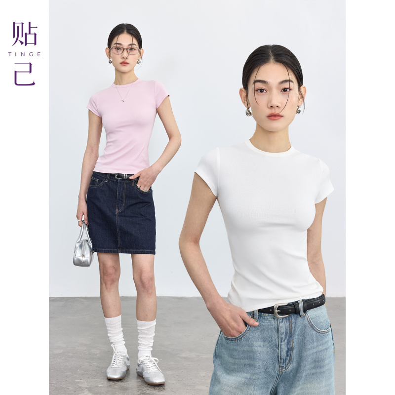 Tinge Dopamine T-Shirt Slim Fit Round Neck Top Sports Short Sleeve Regular Shoulder Women's Summer Base Layer Inner Wear