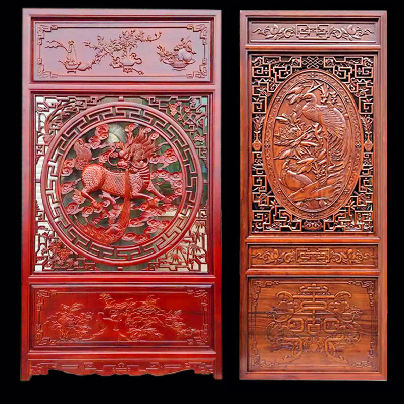 Dongyang wood carved antique doors and windows solid wood pattern new Chinese TV background wall living room custom hollow carved flower decoration