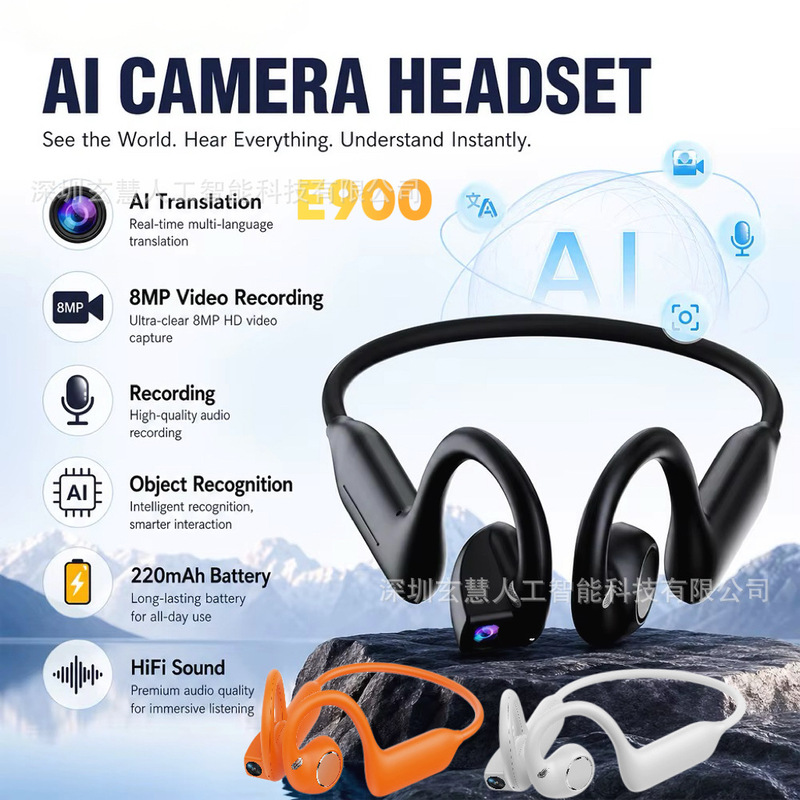 E900 Popular Smart Ai Earphones with Bone Conduction, 8Mp Camera, Simultaneous Translation, Translation, and Call Recording