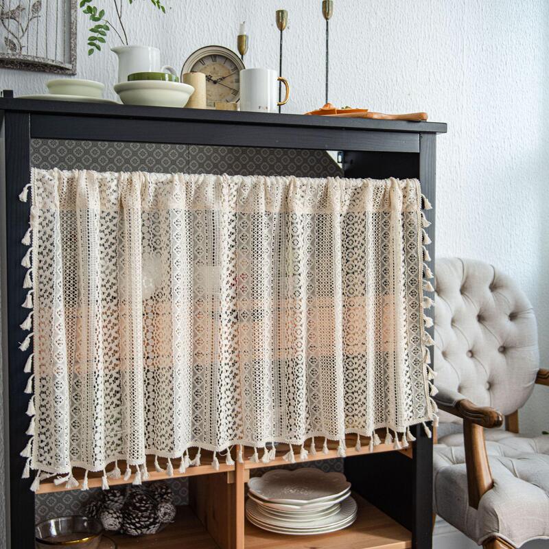 Bohemian Window Curtain with Hollow Lace, American-Style Half Curtain, Door Curtain, Coffee Curtain, No-Drill Installation, Dustproof for Sink, Kitchen Cabinet