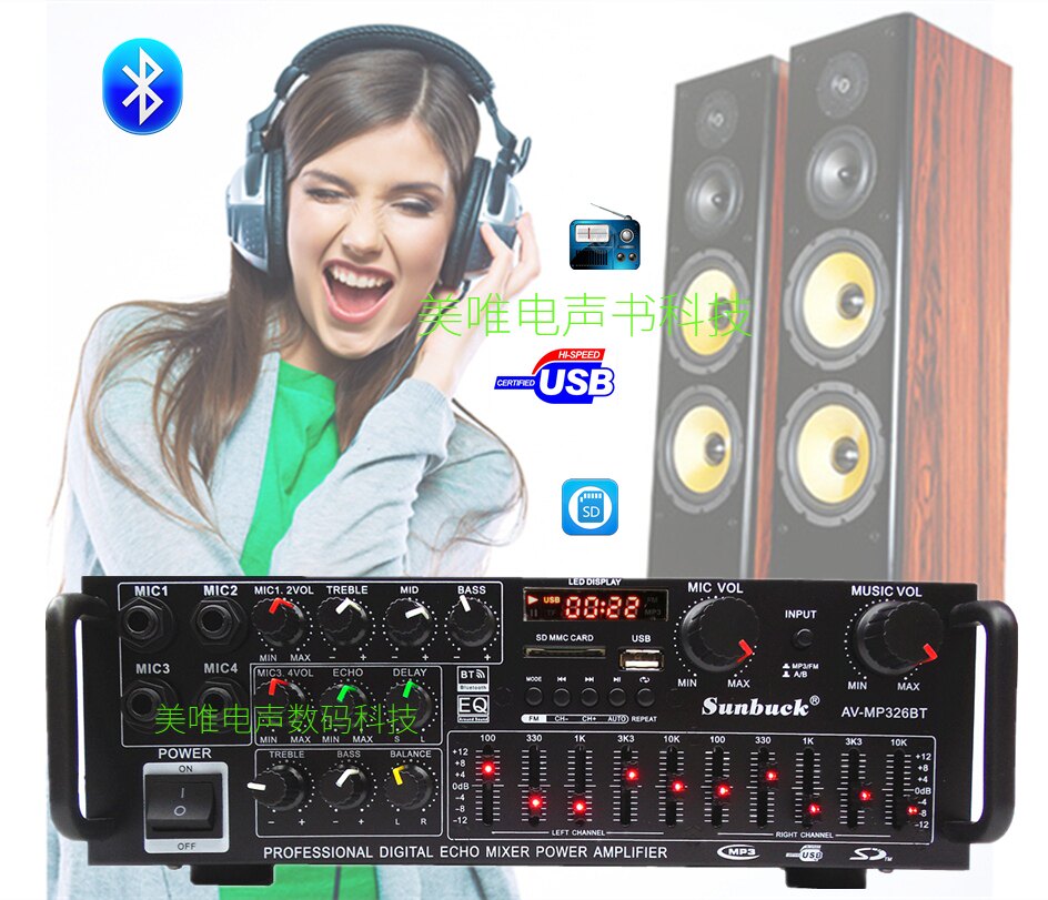 400W high-power amplifier Home with equalization EQ card reader Wild square dance Bluetooth radio Car amplifier