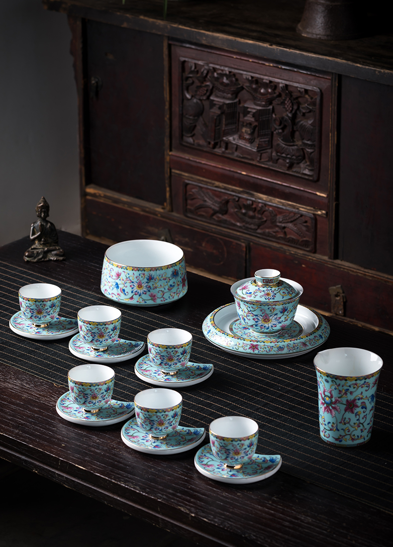 Blower, kung fu tea set suit high - end home sitting room of jingdezhen ceramics colored enamel tea tureen of a complete set of cups