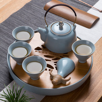 Ruyao tea set Household Japanese simple portable travel Kung Fu tea set Ru Porcelain girder pot with tea tray