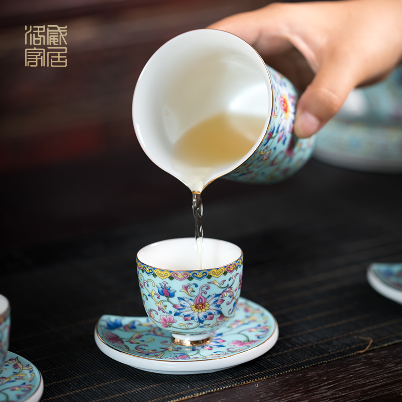 Blower, kung fu tea set suit high - end home sitting room of jingdezhen ceramics colored enamel tea tureen of a complete set of cups