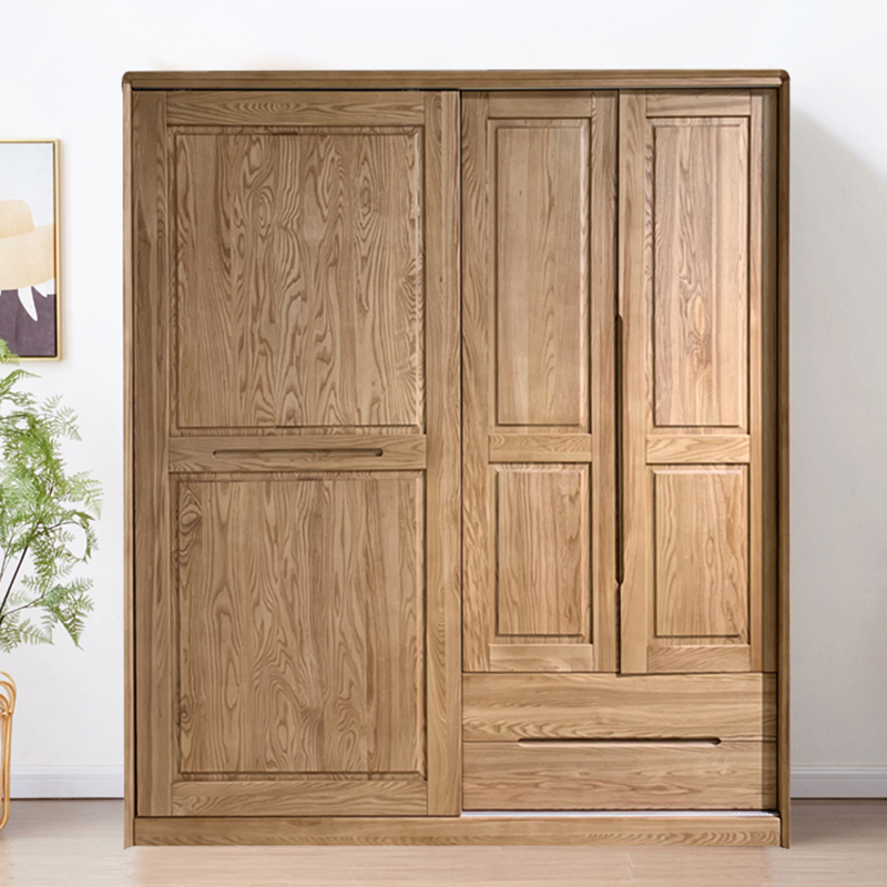 White Wax Wood Solid Wood Wardrobe Moving Door Open Door Composition Cabinet Nordic Light Lavish Bedroom Furniture Log Closet Closet