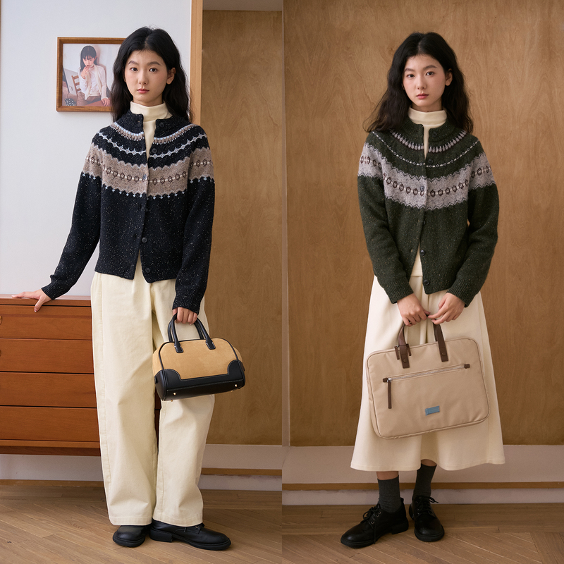 Bruland "Norwegian Forest" Retro Fair Isle Jacquard Sweater Versatile Color-Blocking All-Wool Knitted Cardigan for Women