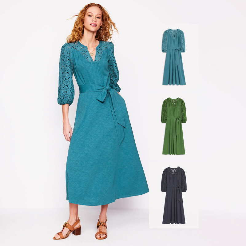 Modal Cotton Hollow Crochet Lantern Sleeve V-Neck Mid-Length Dress in 3 Colors, Available in Large Sizes