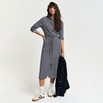 American commuter viscose thick twill woven shirt printed geometric style dress mid-length long-length dress 2 ສີ