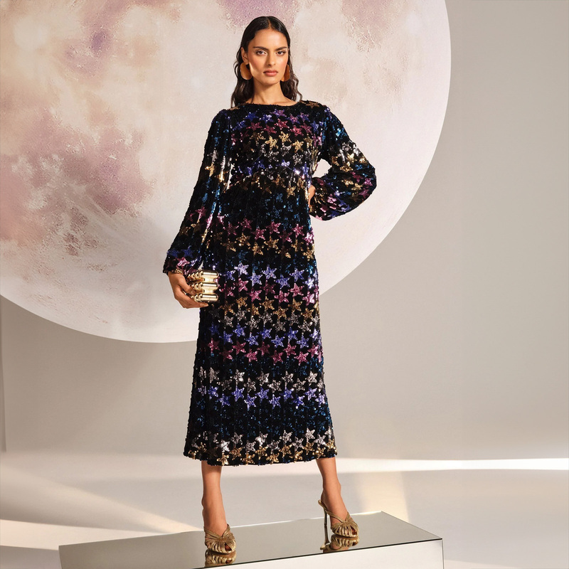 Velvet Texture Colorful Sequin Stars Round Neck Lantern Sleeve Long Dress