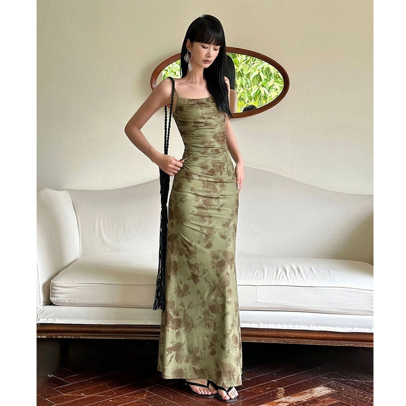 New Chinese Style Green Mesh Floral Suspender Dress for Women