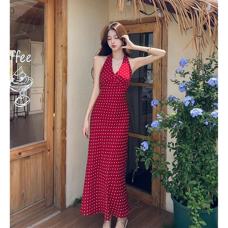 Beach Vacation Style Red Halter Neck Polka Dot Dress 2026 Summer New French Style Figure-Flattering Bodycon Long Dress Beach Vacation Style Red Halter Neck Polka Dot Dress 2026 Summer New French Style Figure-Flattering Bodycon Long Dress