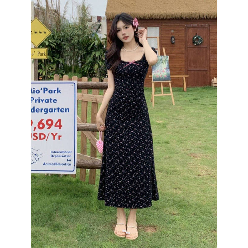 French-Style Petite Black Floral Dress for Women, Summer 2026 New Design, Flattering for Pear-Shaped Body, Long Dress